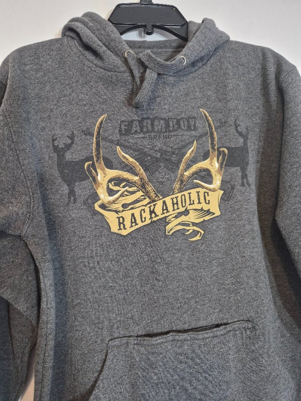 FARM BOY Dark Gray Fleece Hoodie; RACKAHOLIC Hunting Logo; Size M